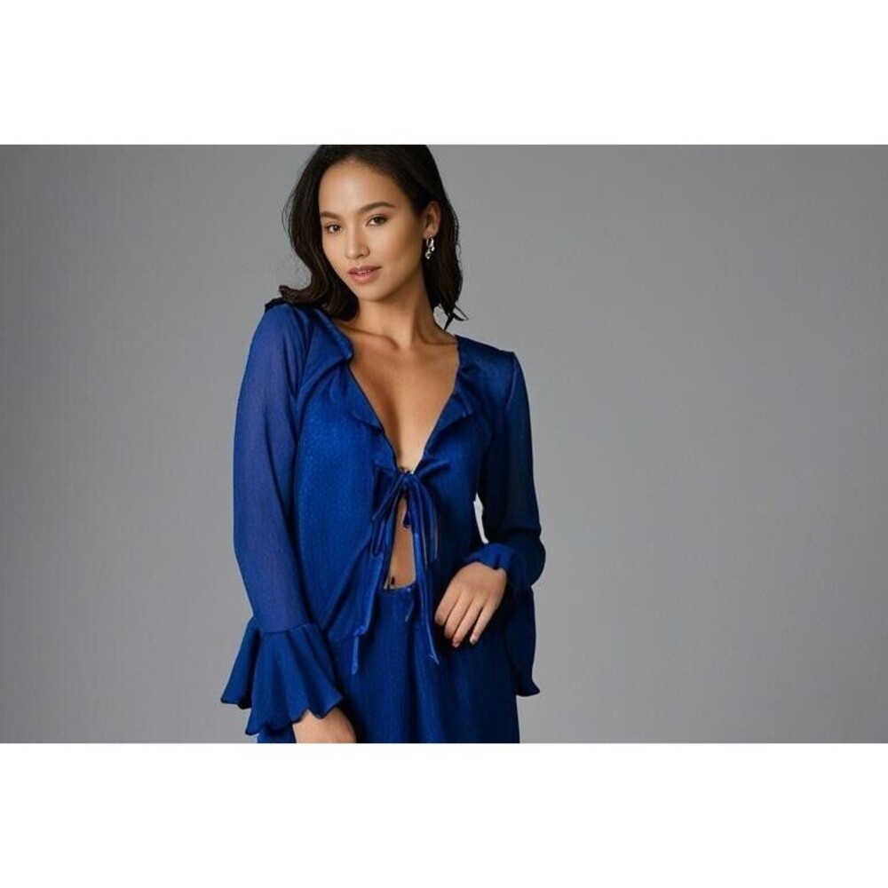 Top Cover Up 2 Ties Blouse Soleil Ruffle Cropped Women's Size Medium Royal Blue